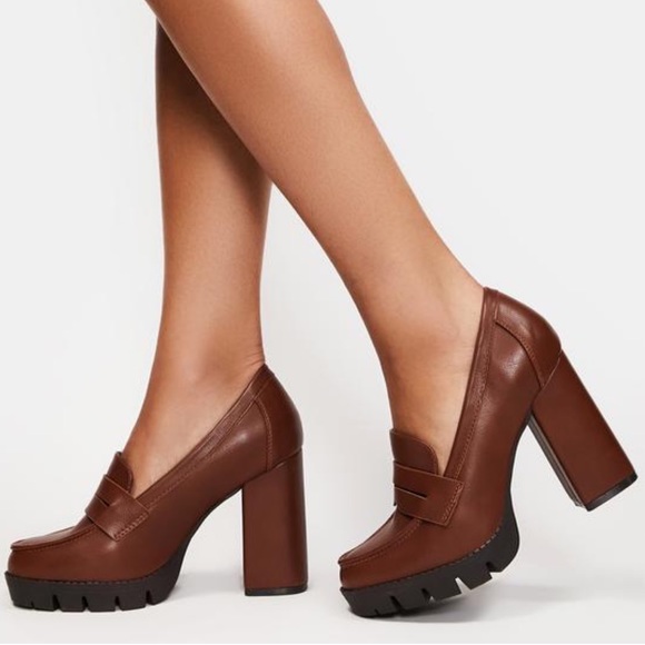 Lug Sole Tan High Heel Platform Penny Loafer - Picture 3 of 14